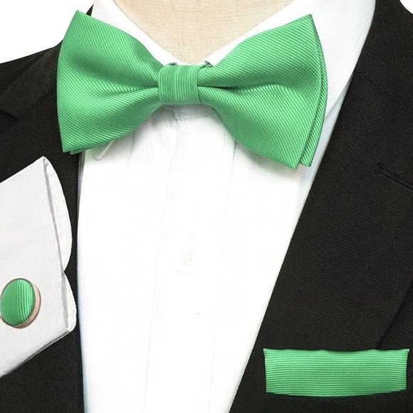 Mens 5 Piece Tie + Bow Tie + Pocket Square + Cufflinks + Clip Satin Lime Green - Picture 5 of 5